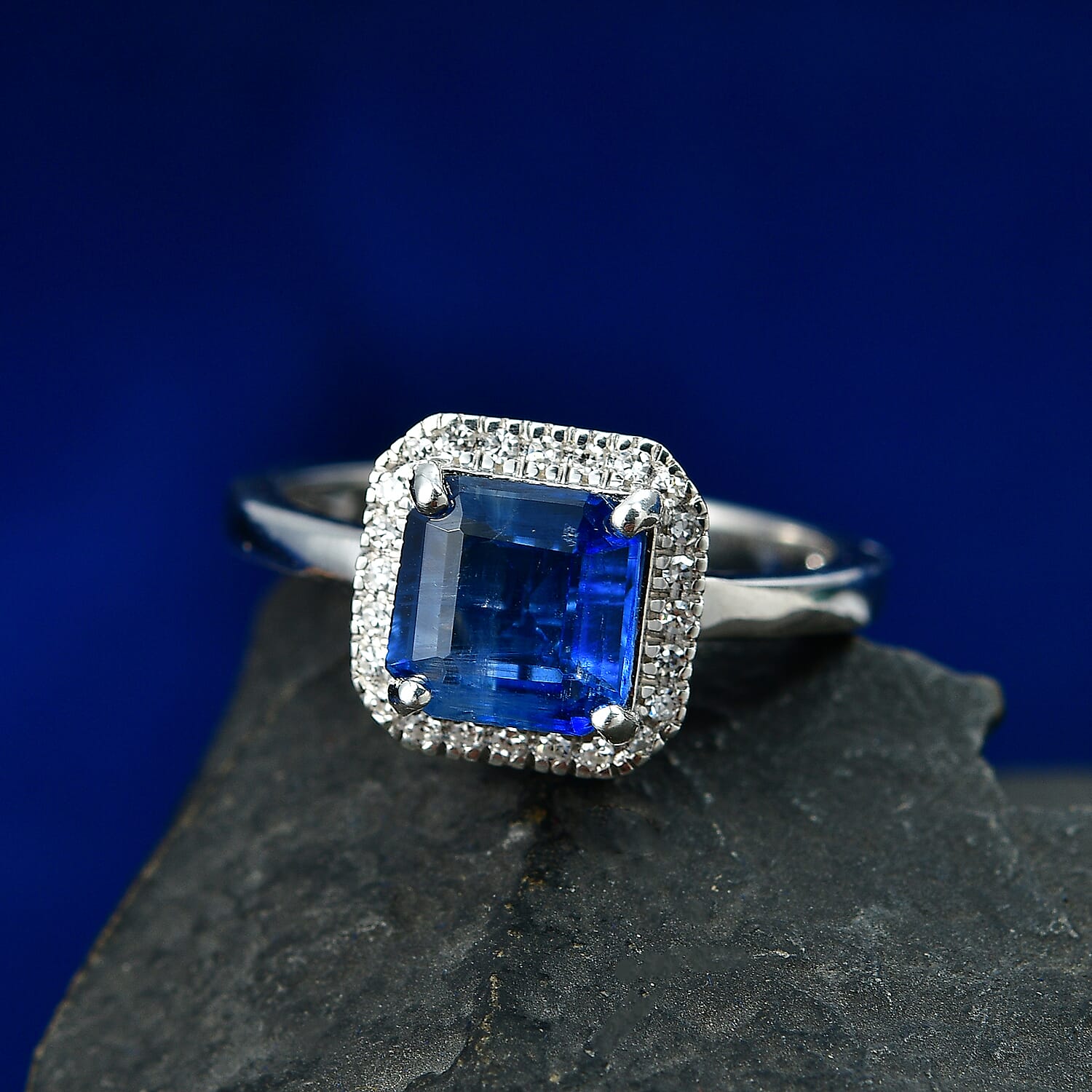 Luxuriant SI-G-H Lab Grown Diamond  & Kyanite Halo Ring in Rhodium Overlay Sterling Silver 2.13 Ct.