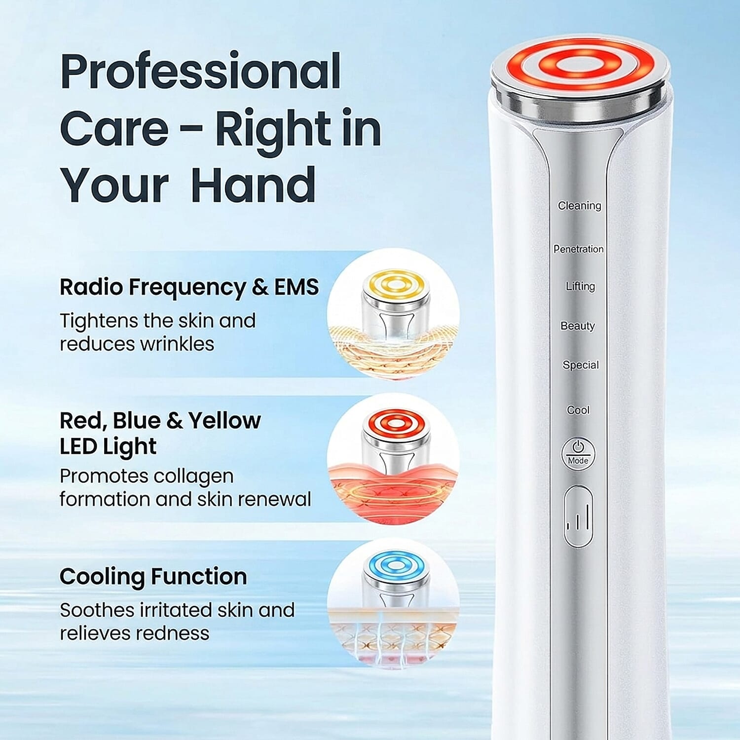 Beautech RF Frequency Beauty Device - White Multi Functional EMS Facial Massager - 6 Modes LED Light Therapy Red Blue Orange Light Face Lift Device with Cooler and Heating