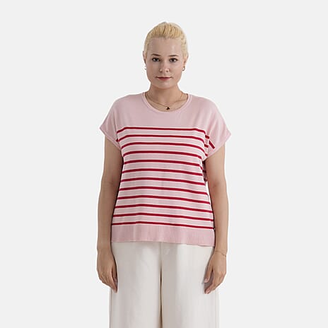 - Maisi Striped Round-neck Lightweight Top (Size S) - Pink - Red