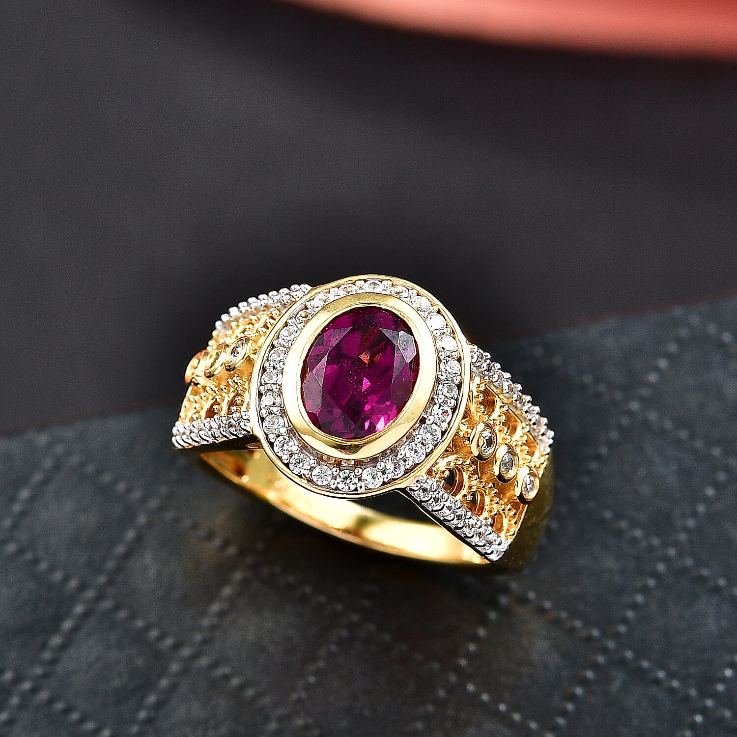 D'Joy Radiant Ember Garnet, White Zircon Main Stone With Side Stone Ring in 18K YG VermeilSterling Silver, Silver Wt.5 Gms  2.074  Ct.