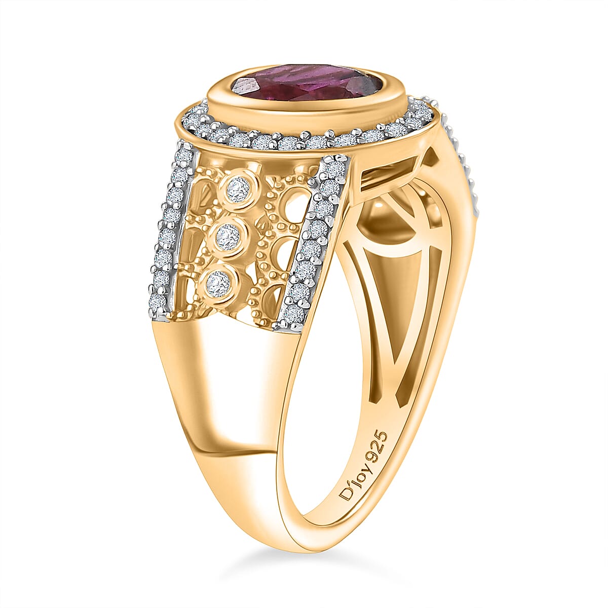 D'Joy Radiant Ember Garnet, White Zircon Main Stone With Side Stone Ring in 18K YG VermeilSterling Silver, Silver Wt.5 Gms  2.074  Ct.