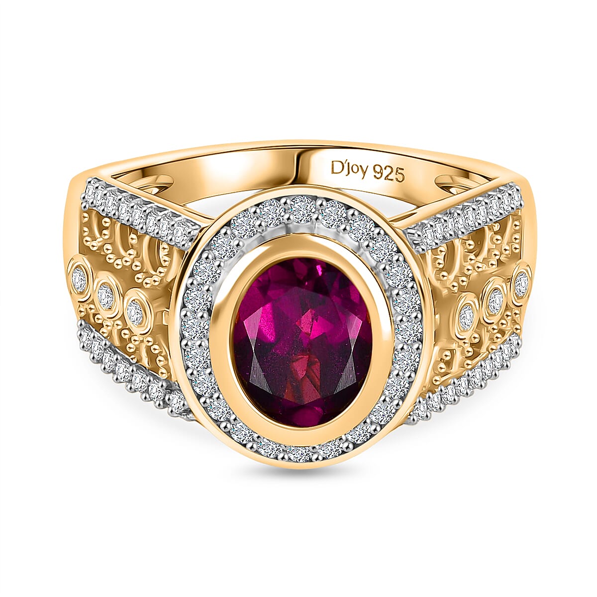 D'Joy Natural Radiant Ember Garnet & White Zircon Ornate Halo Ring in 18K Vermeil Yellow Gold Plated Sterling Silver 2.07 Ct.