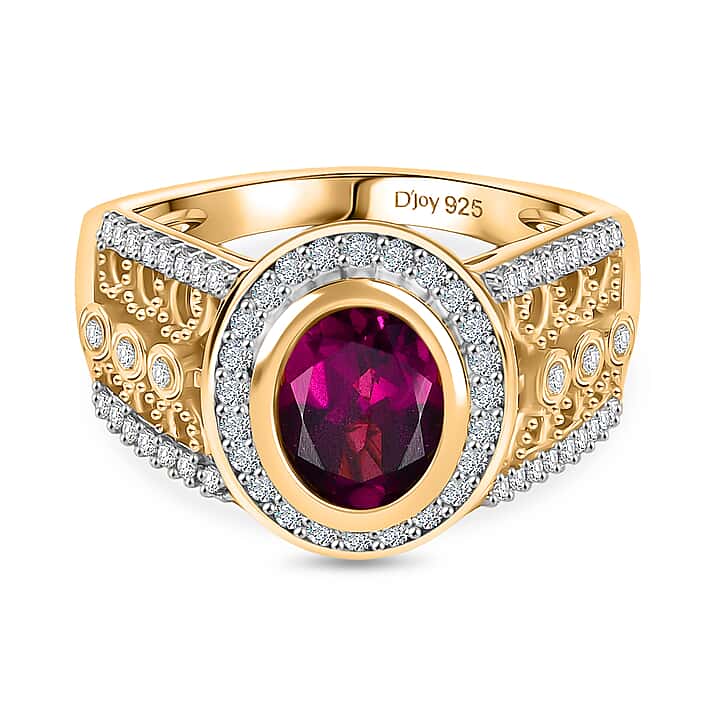 D'Joy Natural Radiant Ember Garnet & White Zircon Ornate Halo Ring in 18K Vermeil Yellow Gold Plated Sterling Silver 2.07 Ct.