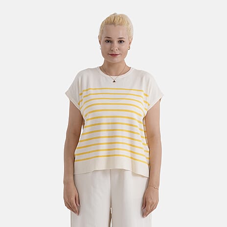 - Maisi Striped Round-neck Lightweight Top (Size XL) - Yellow - Cream