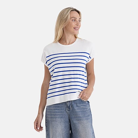 & Maisi Round Neck Striped Top (Size M, 12 to 14) - Blue