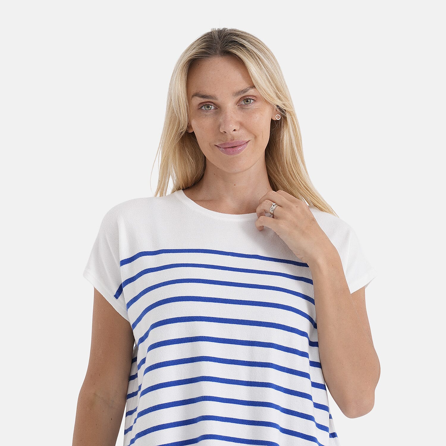 & Maisi Round Neck Striped Top (Size M, 12 to 14) - Blue