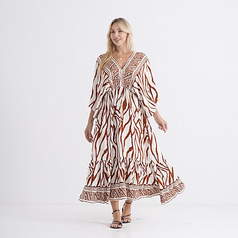 La Marey Mixed Print Elastic Waist Maxi Dress (One Size) - White & Red