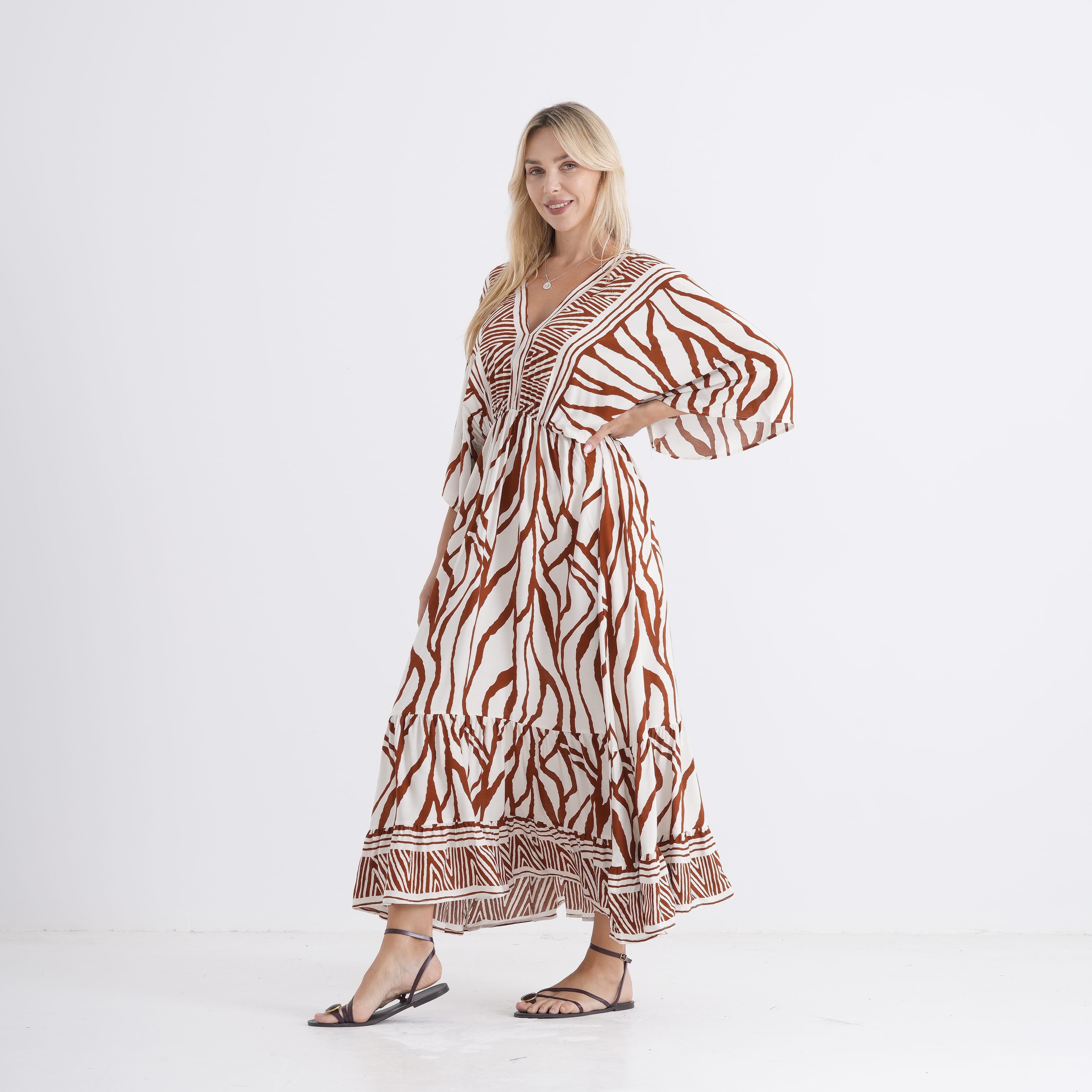 La Marey Mixed Print Elastic Waist Maxi Dress (One Size) - White & Red