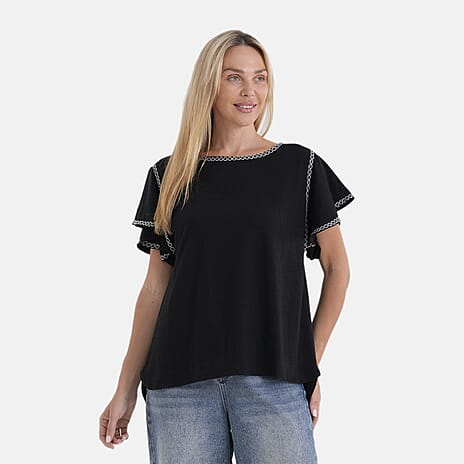 La Marey Embroidered Soft Touch Top (Size S, 8-10) - Black