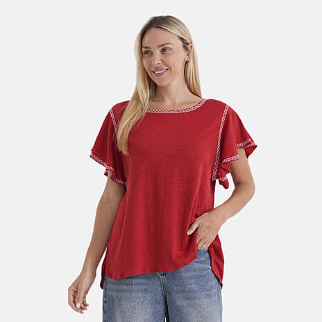 La Marey Embroidered Soft Touch Top (Size S, 8-10) - Red