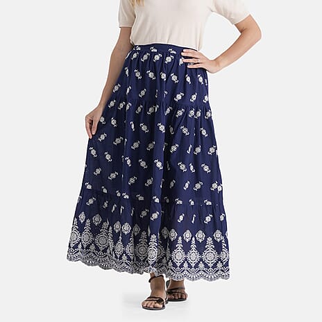 La Marey 100% Cotton Embroidered Skirt (Size S, 8-10) - Navy Blue And White