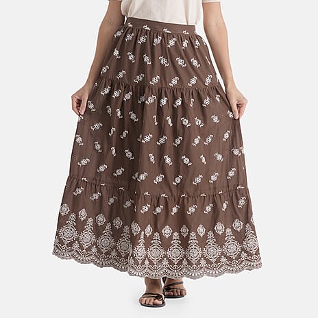 La Marey Cotton Embroidery Skirt (Size - Small) - Khaki