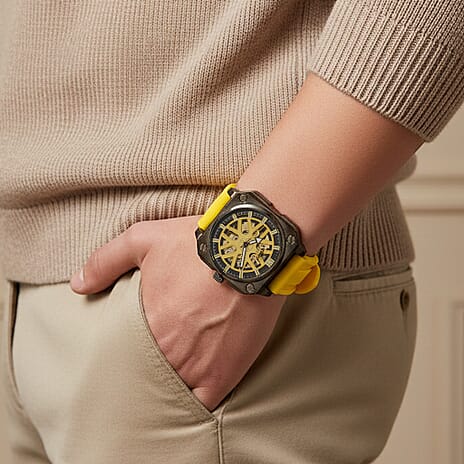 MAJESTY Automatic Mechanical 3ATM WR Gold Hollow Dial - Black Case Mens Watch with Yellow Silicone Strap