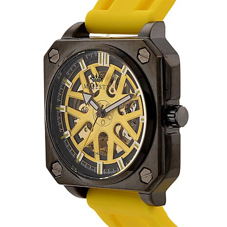 MAJESTY Automatic Mechanical 3ATM WR Gold Hollow Dial - Black Case Mens Watch with Yellow Silicone Strap