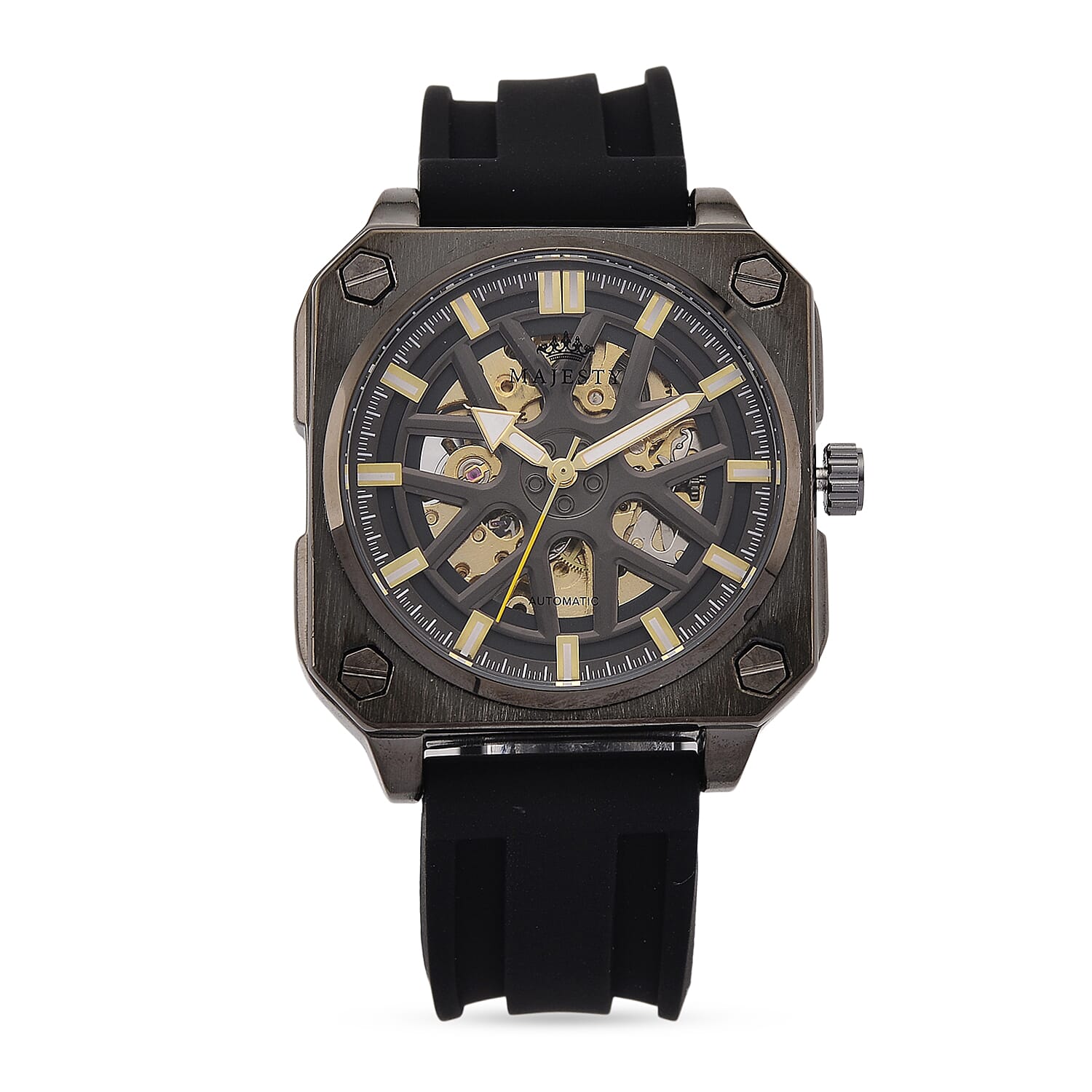 MAJESTY Automatic Mechanical 3ATM WR Black Hollow Dial - Black Case Mens Watch with Black Silicone Strap