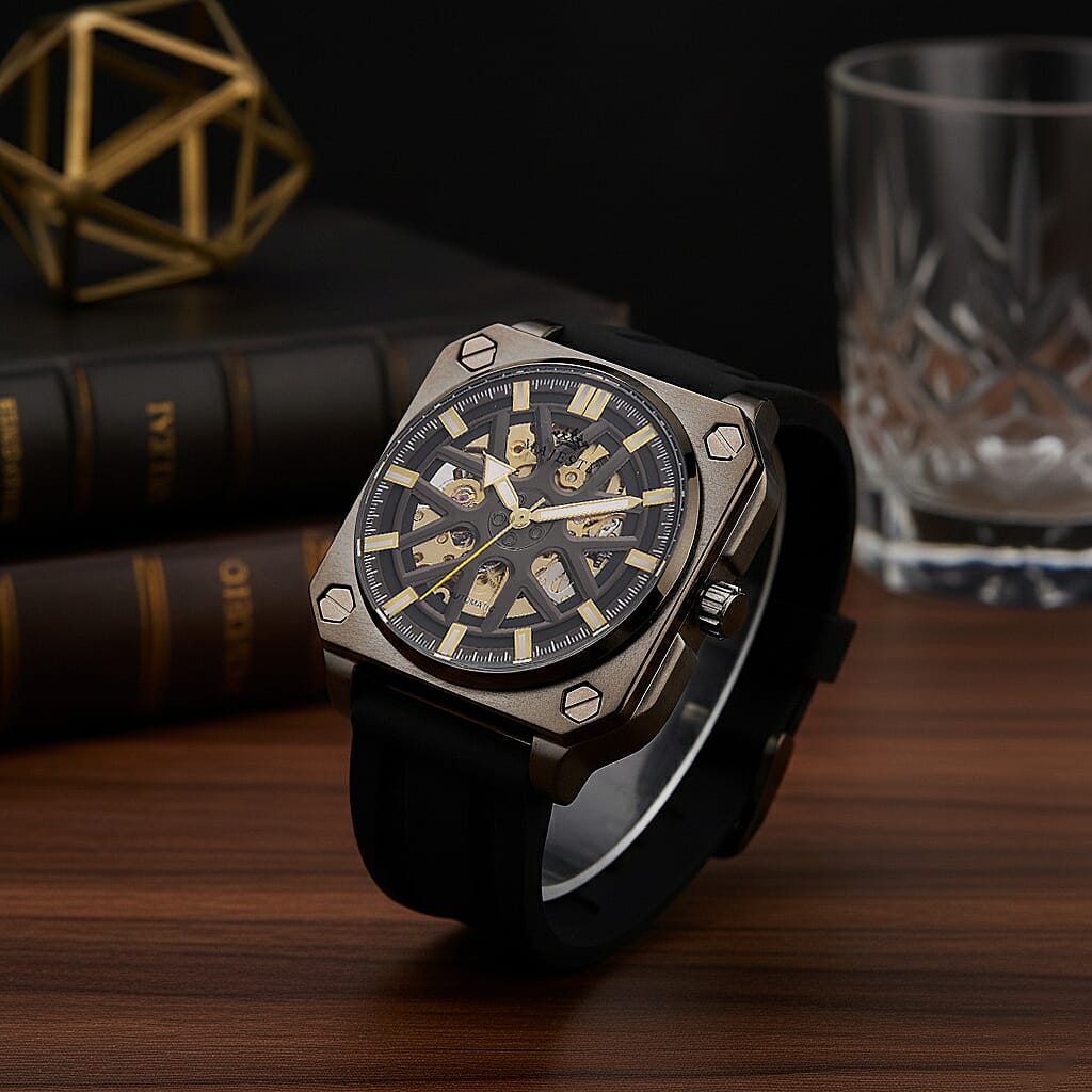MAJESTY Automatic Mechanical 3ATM WR Black Hollow Dial - Black Case Mens Watch with Black Silicone Strap