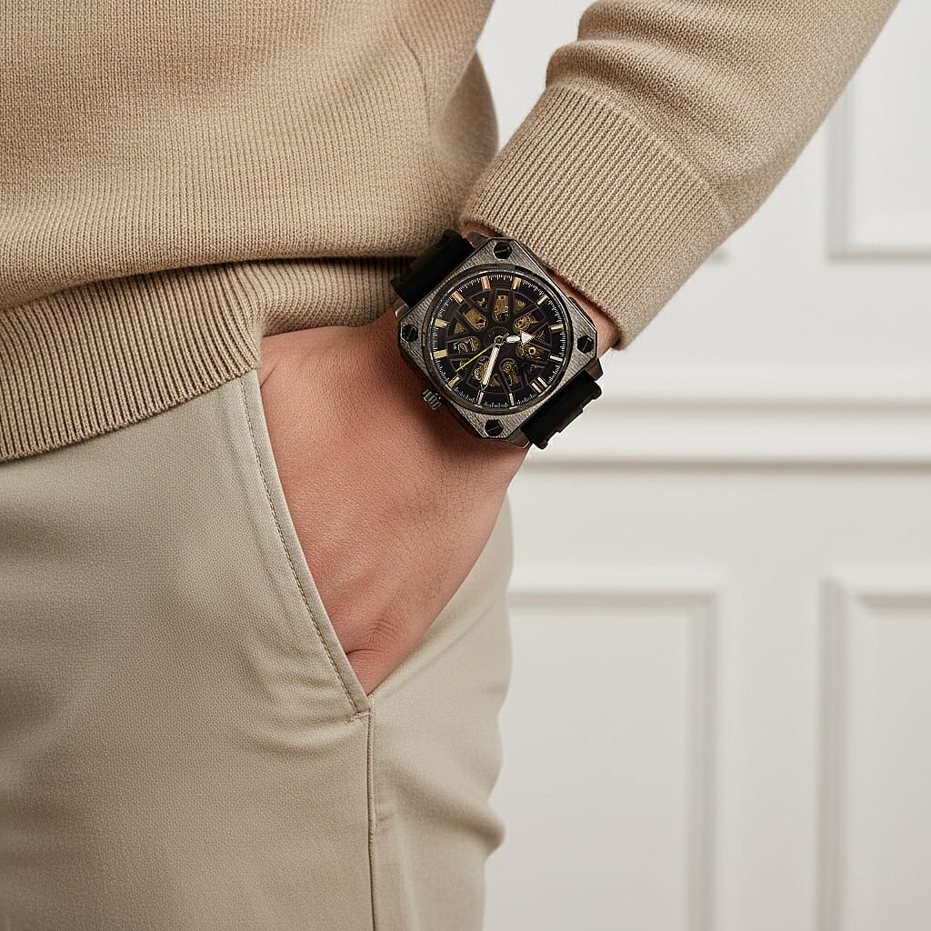 MAJESTY Automatic Mechanical 3ATM WR Black Hollow Dial - Black Case Mens Watch with Black Silicone Strap