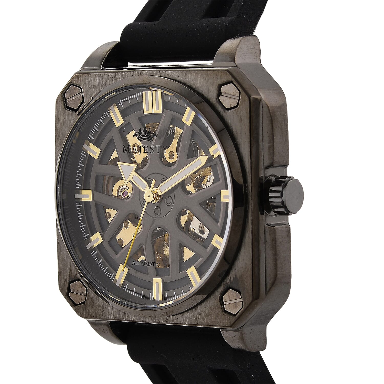 MAJESTY Automatic Mechanical 3ATM WR Black Hollow Dial - Black Case Mens Watch with Black Silicone Strap