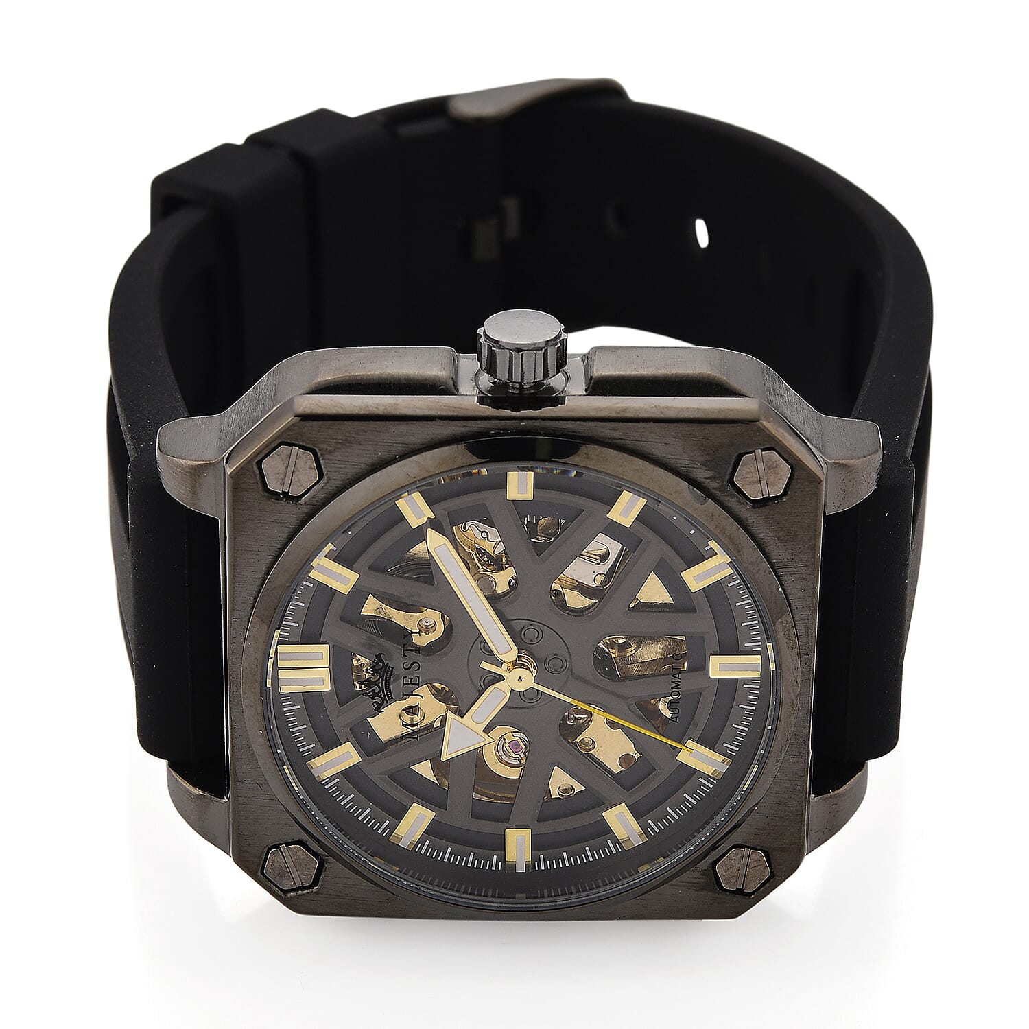 MAJESTY Automatic Mechanical 3ATM WR Black Hollow Dial - Black Case Mens Watch with Black Silicone Strap