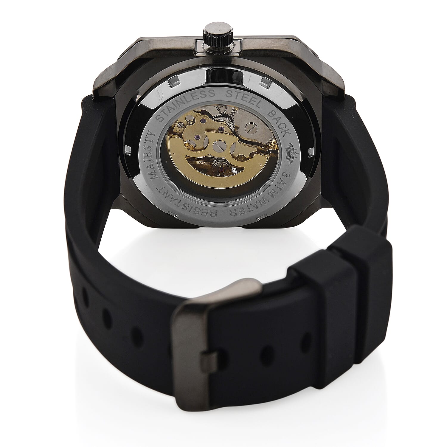 MAJESTY Automatic Mechanical 3ATM WR Black Hollow Dial - Black Case Mens Watch with Black Silicone Strap