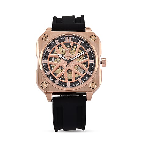 MAJESTY Automatic Mechanical 3ATM WR Rose Gold Hollow Dial - Rose Gold Case Mens Watch with Black Silicone Strap
