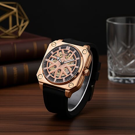 MAJESTY Automatic Mechanical 3ATM WR Rose Gold Hollow Dial - Rose Gold Case Mens Watch with Black Silicone Strap