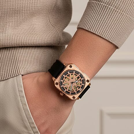 MAJESTY Automatic Mechanical 3ATM WR Rose Gold Hollow Dial - Rose Gold Case Mens Watch with Black Silicone Strap