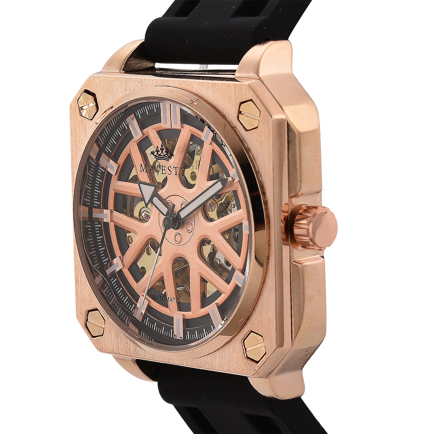 MAJESTY Automatic Mechanical 3ATM WR Rose Gold Hollow Dial - Rose Gold Case Mens Watch with Black Silicone Strap