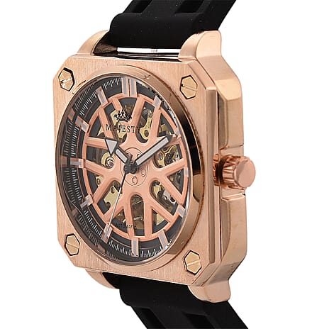 MAJESTY Automatic Mechanical 3ATM WR Rose Gold Hollow Dial - Rose Gold Case Mens Watch with Black Silicone Strap