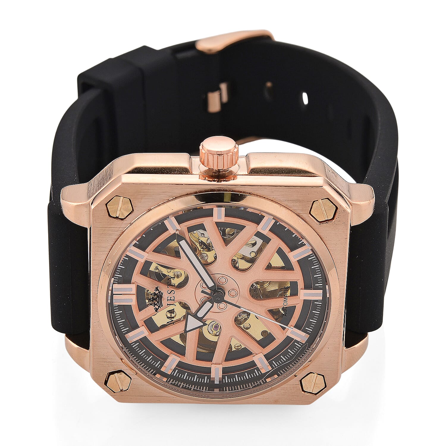 MAJESTY Automatic Mechanical 3ATM WR Rose Gold Hollow Dial - Rose Gold Case Mens Watch with Black Silicone Strap