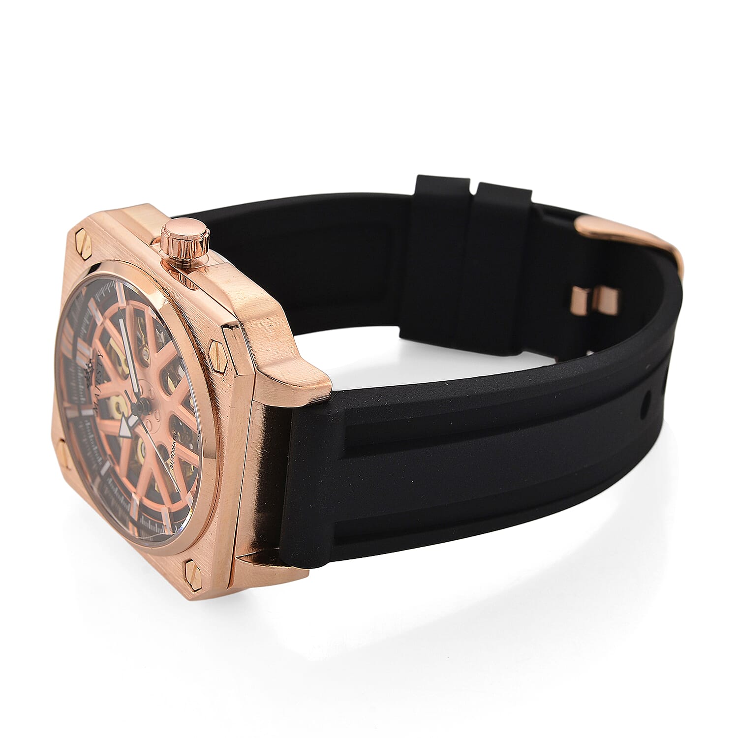 MAJESTY Automatic Mechanical 3ATM WR Rose Gold Hollow Dial - Rose Gold Case Mens Watch with Black Silicone Strap