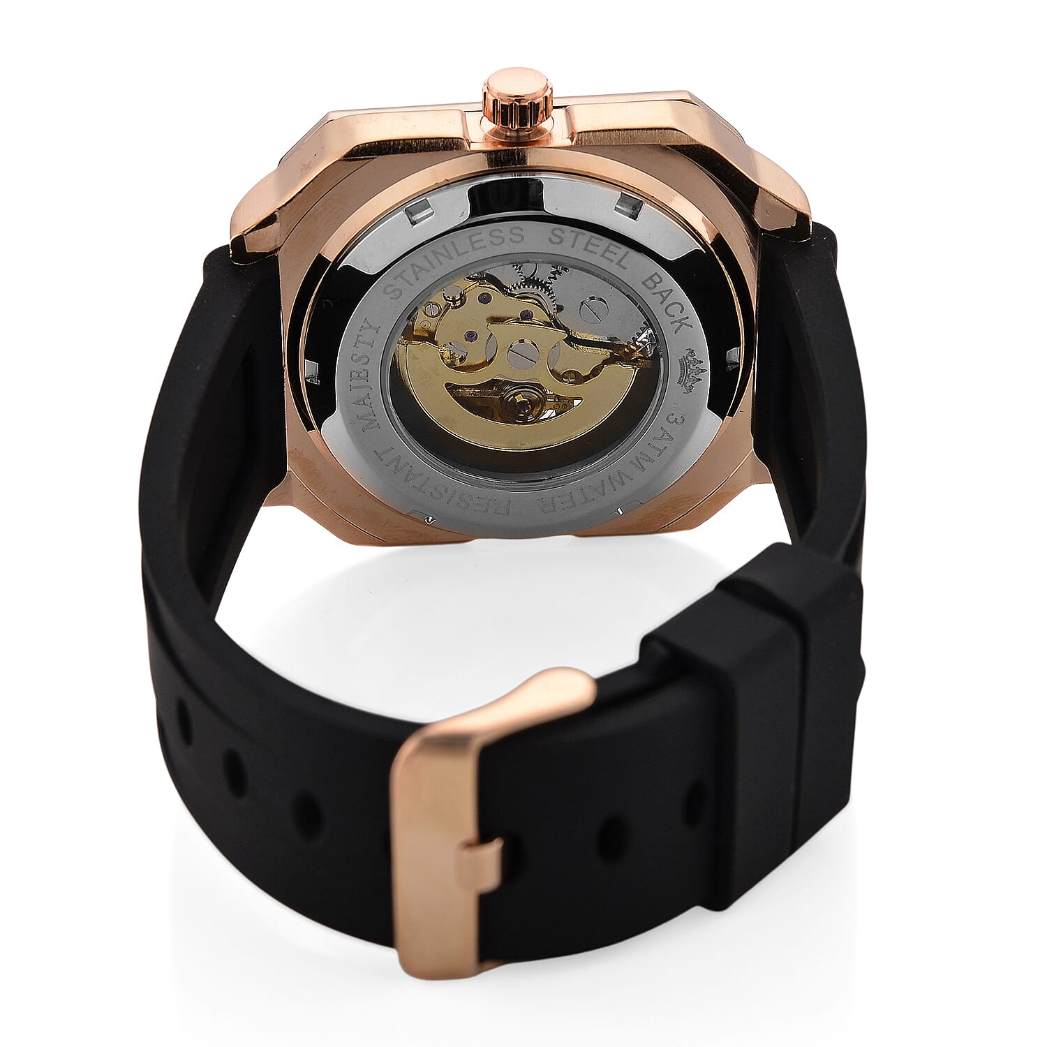 MAJESTY Automatic Mechanical 3ATM WR Rose Gold Hollow Dial - Rose Gold Case Mens Watch with Black Silicone Strap