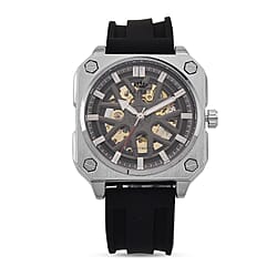 MAJESTY Automatic Mechanical 3ATM WR Black Hollow Dial - Silver Case Mens Watch with Black Silicone Strap