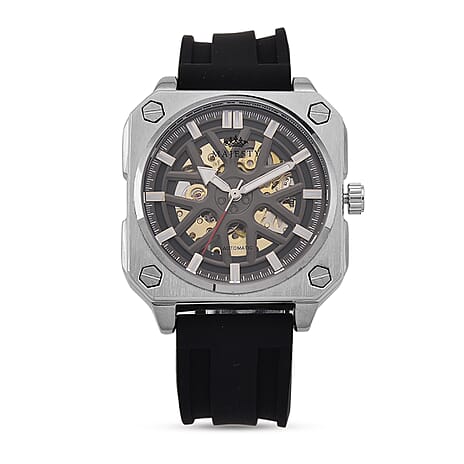 MAJESTY Automatic Mechanical 3ATM WR Black Hollow Dial - Silver Case Mens Watch with Black Silicone Strap