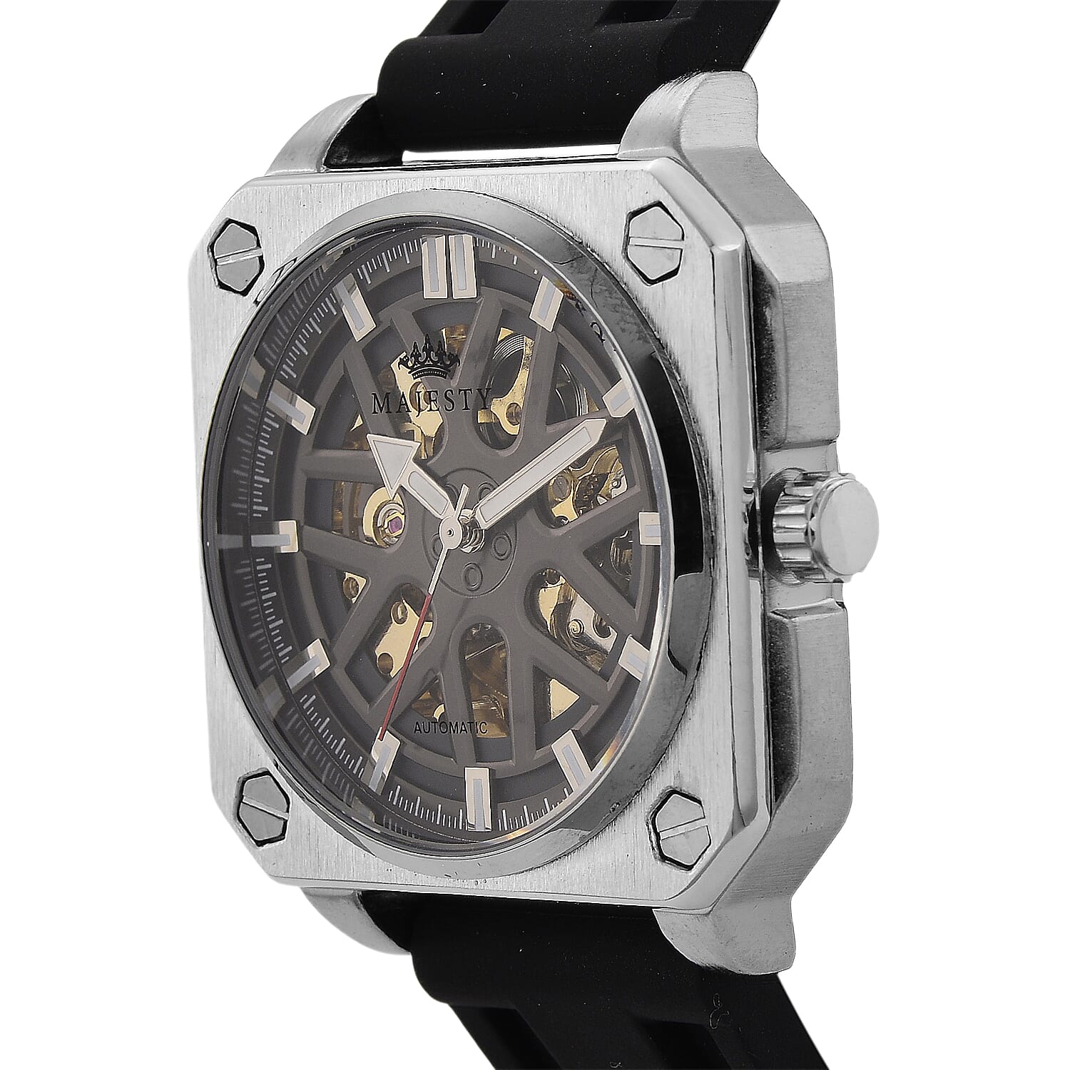 MAJESTY Automatic Mechanical 3ATM WR Black Hollow Dial - Silver Case Mens Watch with Black Silicone Strap