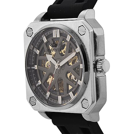 MAJESTY Automatic Mechanical 3ATM WR Black Hollow Dial - Silver Case Mens Watch with Black Silicone Strap