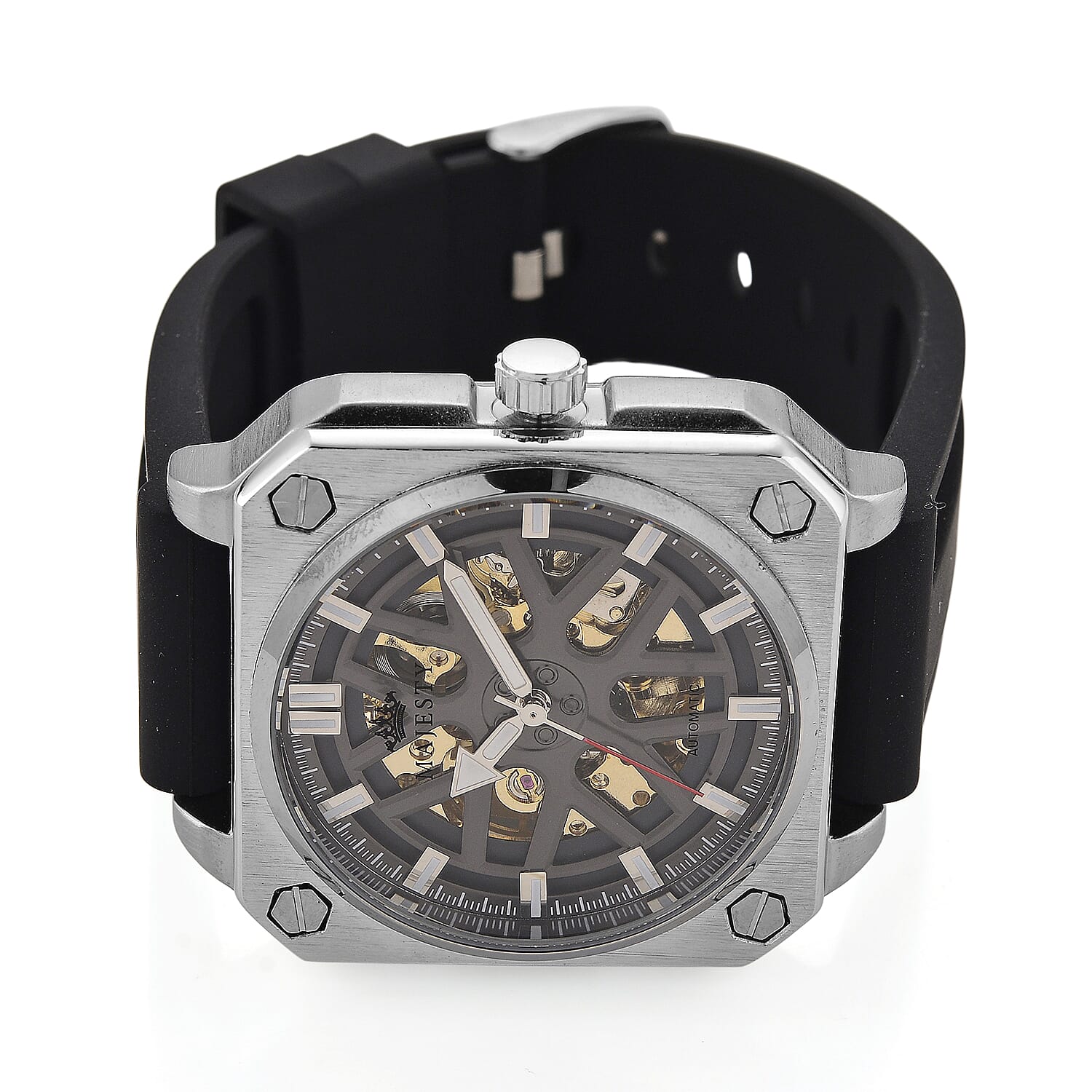 MAJESTY Automatic Mechanical 3ATM WR Black Hollow Dial - Silver Case Mens Watch with Black Silicone Strap