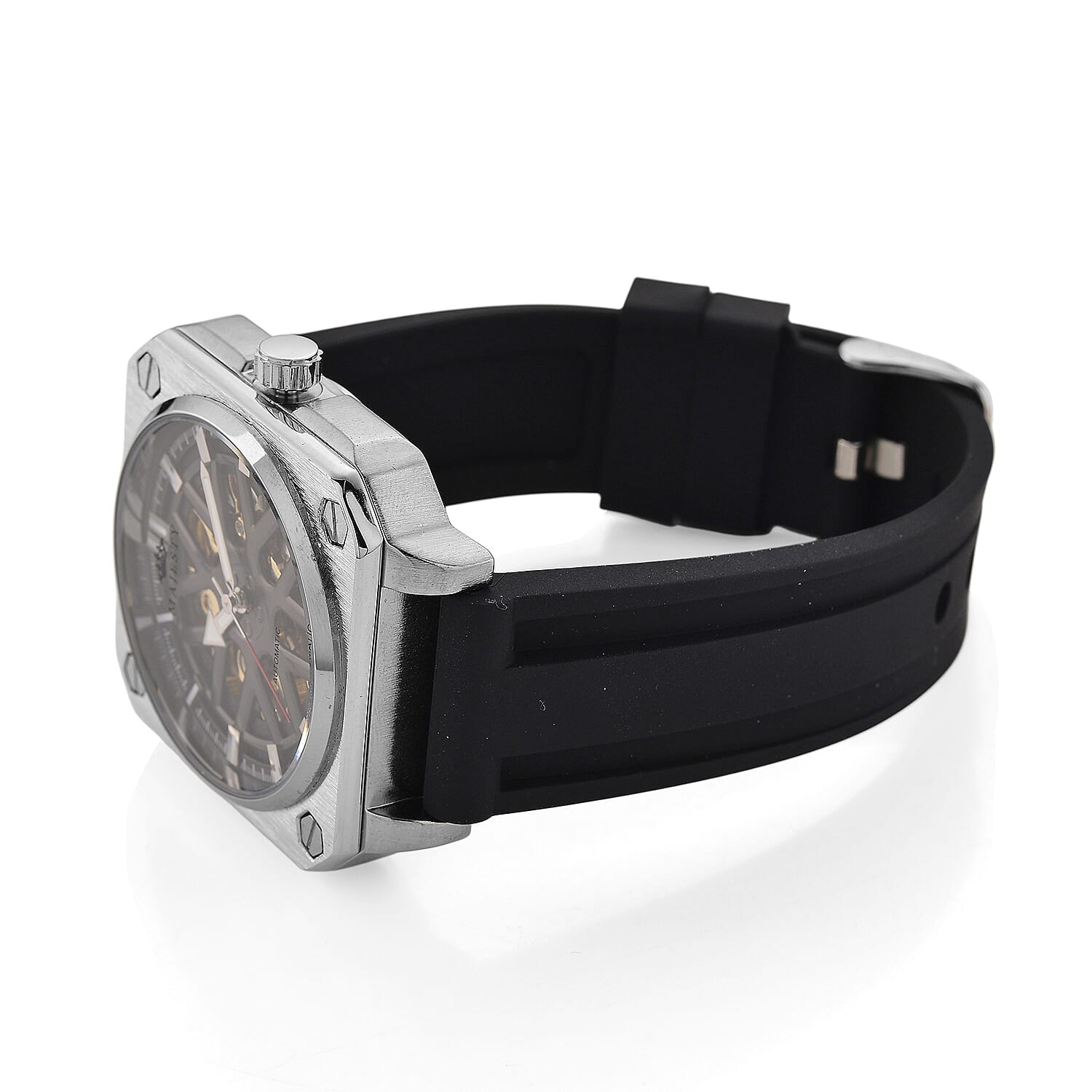 MAJESTY Automatic Mechanical 3ATM WR Black Hollow Dial - Silver Case Mens Watch with Black Silicone Strap