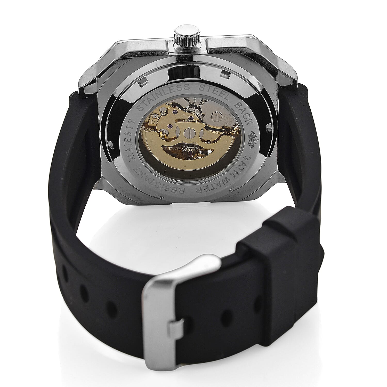 MAJESTY Automatic Mechanical 3ATM WR Black Hollow Dial - Silver Case Mens Watch with Black Silicone Strap