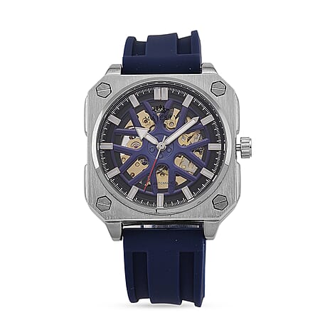MAJESTY Automatic Mechanical 3ATM WR Blue Hollow Dial - Silver Case Mens Watch with Blue Silicone Strap