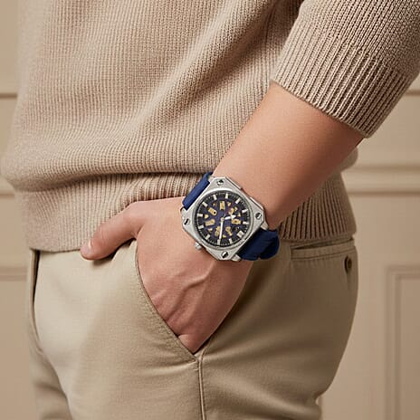 MAJESTY Automatic Mechanical 3ATM WR Blue Hollow Dial - Silver Case Mens Watch with Blue Silicone Strap