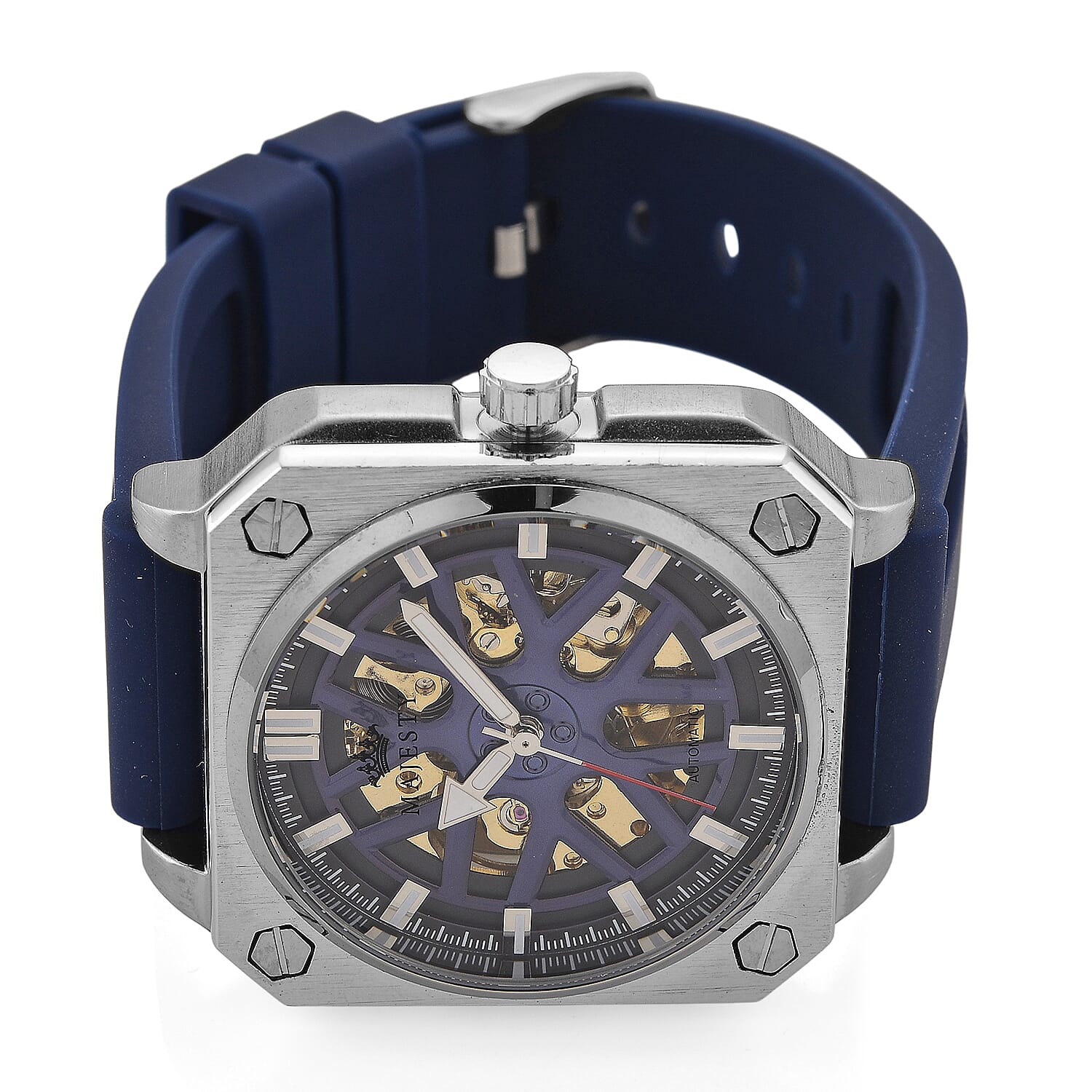 MAJESTY Automatic Mechanical 3ATM WR Blue Hollow Dial - Silver Case Mens Watch with Blue Silicone Strap