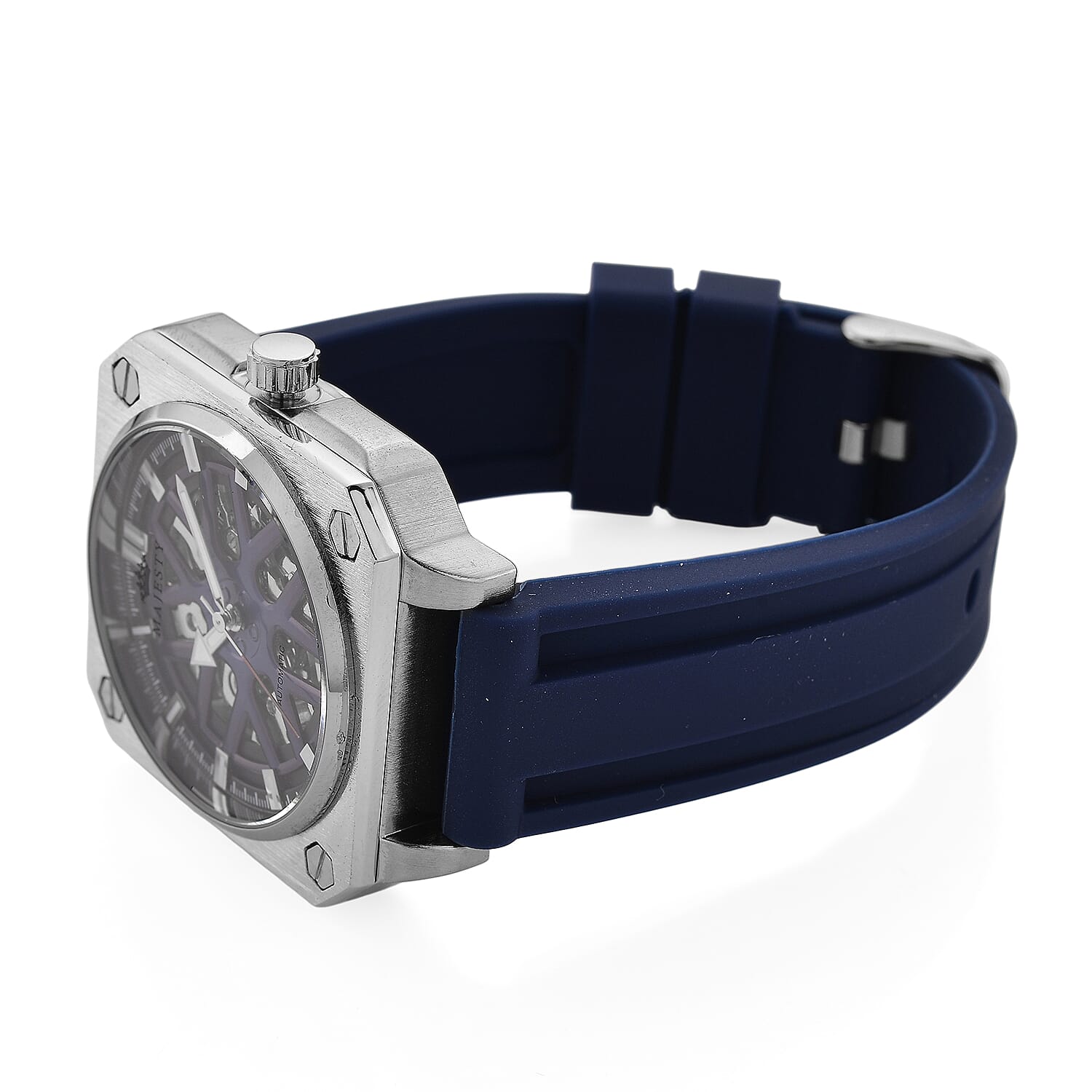 MAJESTY Automatic Mechanical 3ATM WR Blue Hollow Dial - Silver Case Mens Watch with Blue Silicone Strap