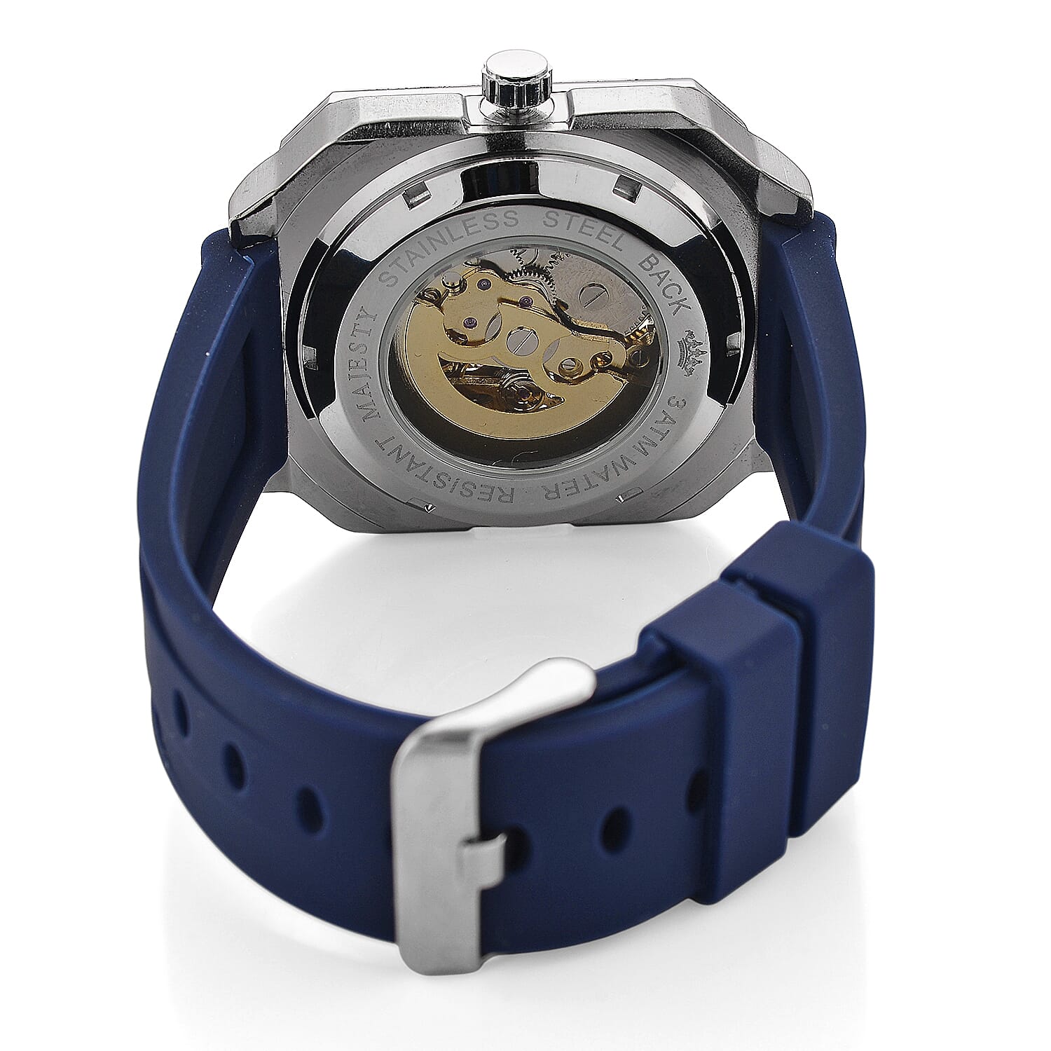 MAJESTY Automatic Mechanical 3ATM WR Blue Hollow Dial - Silver Case Mens Watch with Blue Silicone Strap