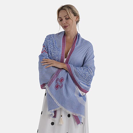 - Maisi Printed Cotton Lightweight Summer Scarf (190 x 70cm) - Blue