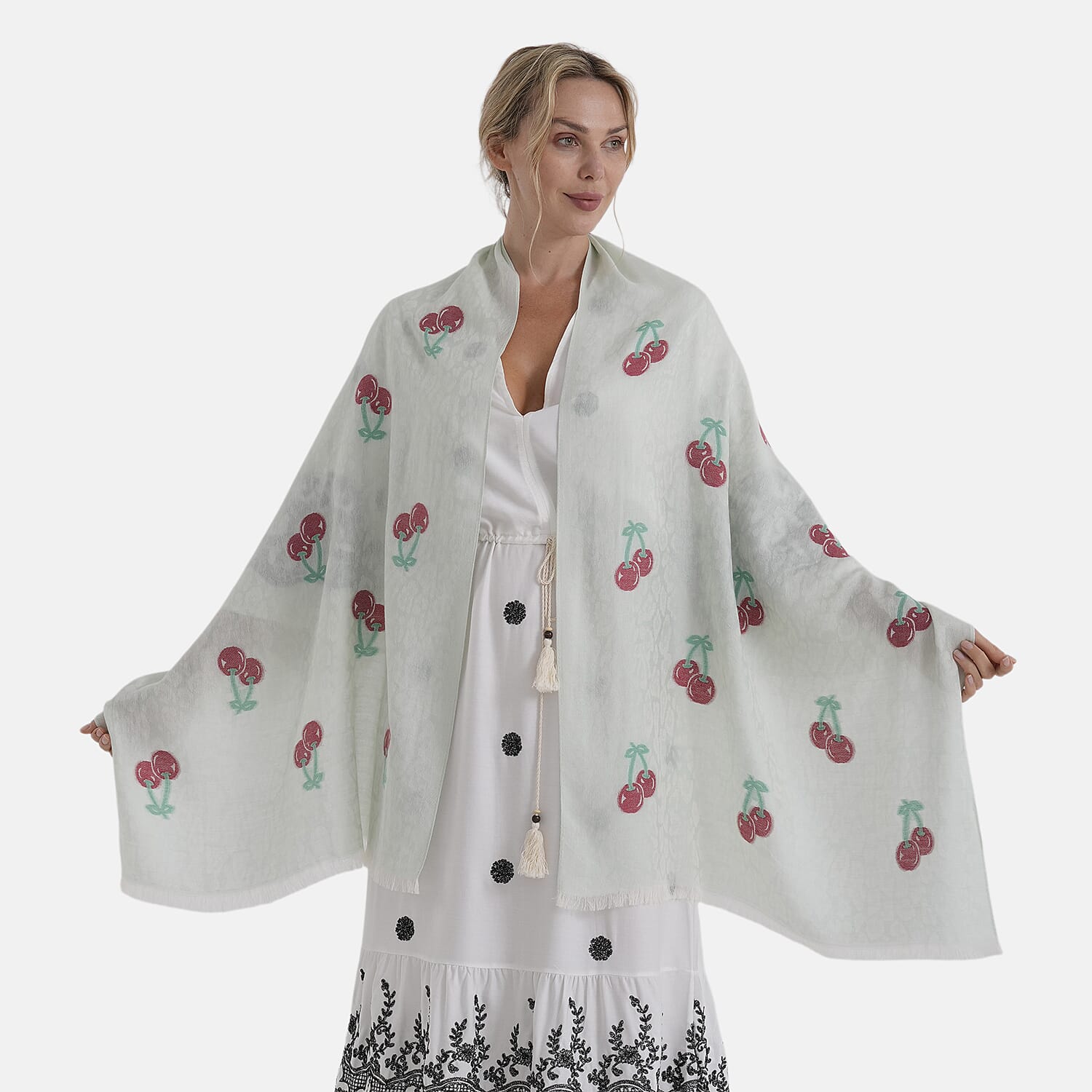 - Maisi Cherry-Printed Scarf (180 x 70Cm) - Green