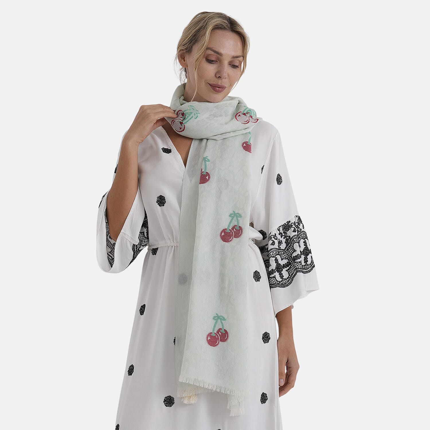 - Maisi Cherry-Printed Scarf (180 x 70Cm) - Green