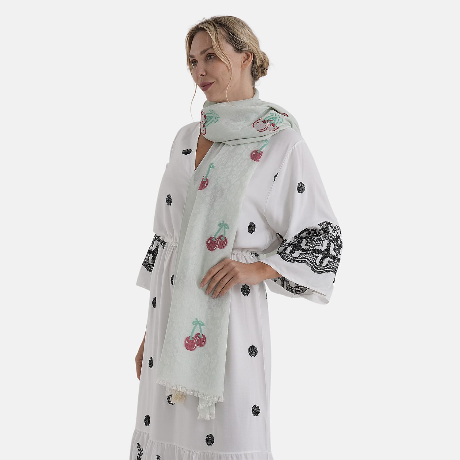 - Maisi Cherry-Printed Scarf (180 x 70Cm) - Green