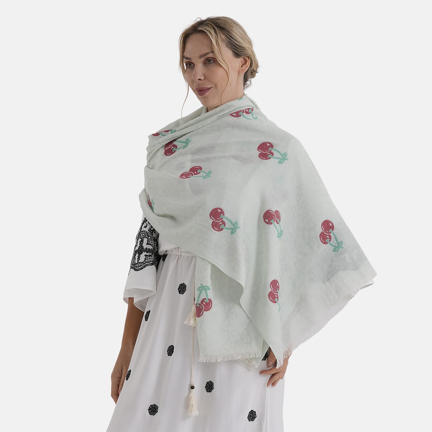 - Maisi Cherry-Printed Scarf (180 x 70Cm) - Green