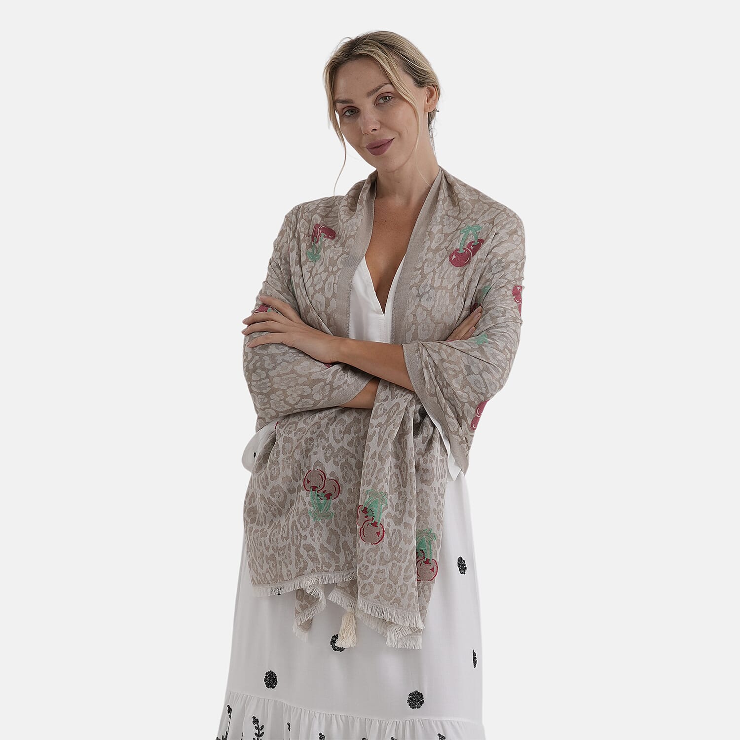 - Maisi Cherry-Printed Scarf (180 x 70Cm) - Grey